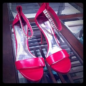 Red ankle strap high heel sandals